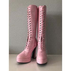 Knee high Pleaser baby pink lace up boots